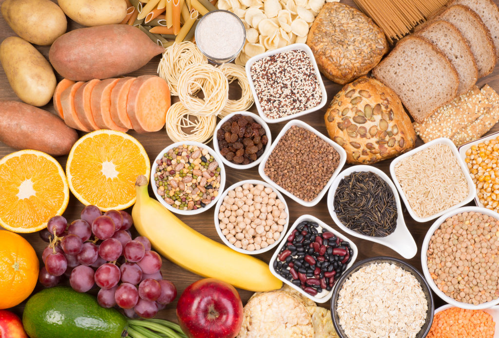 Food rich in carbohydrates, top view