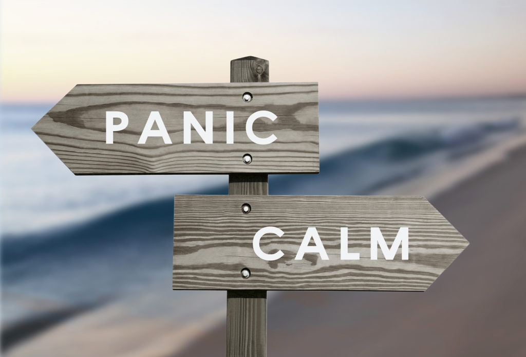 wooden sign offering directions to panic or calm