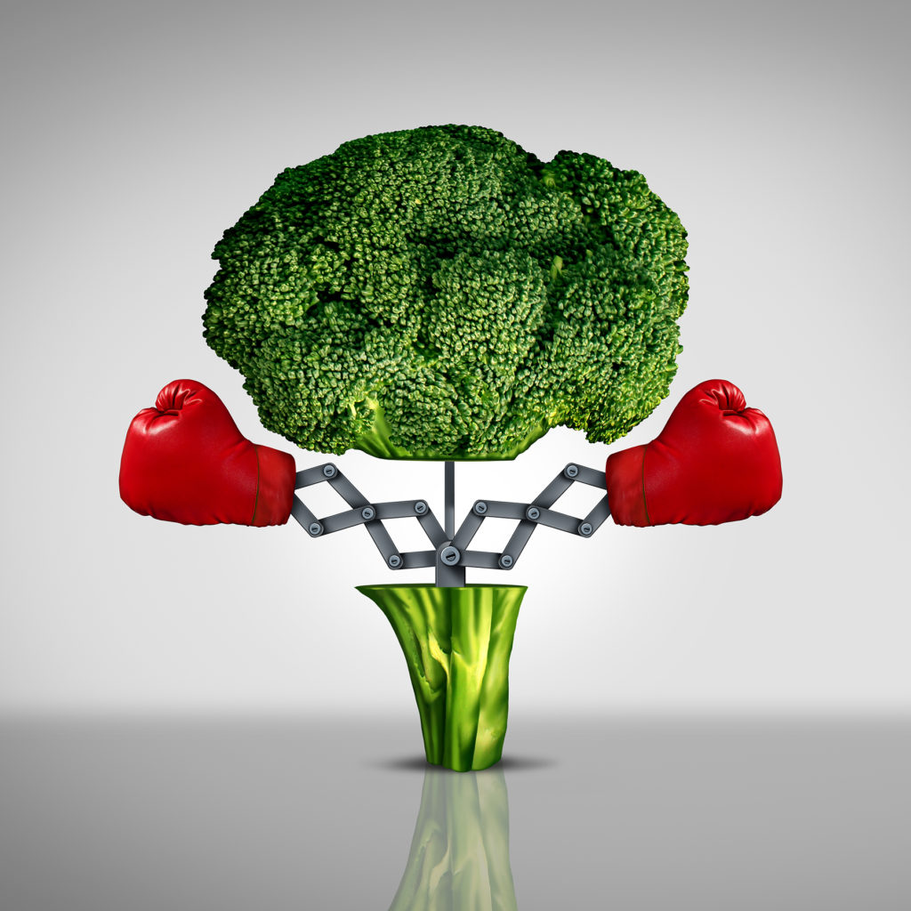 piece of broccoli wearing boxing gloves